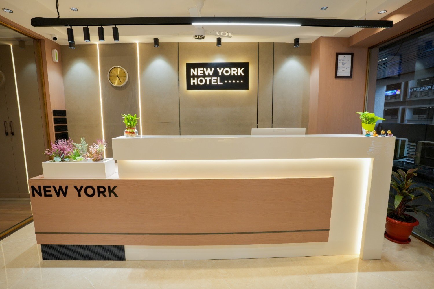 New York Hotel exterior at dusk